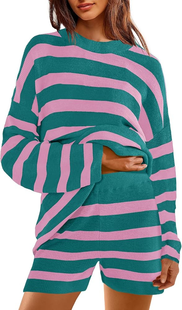 Yanekop Womens Striped Sweater Sets Tunic Matching Set Oversized Lounge Sets 2 Piece Long Sleeve ... | Amazon (US)