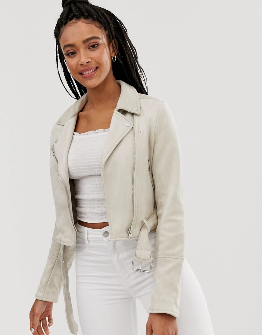 Pull&Bear faux suede biker jacket in cream | ASOS (Global)