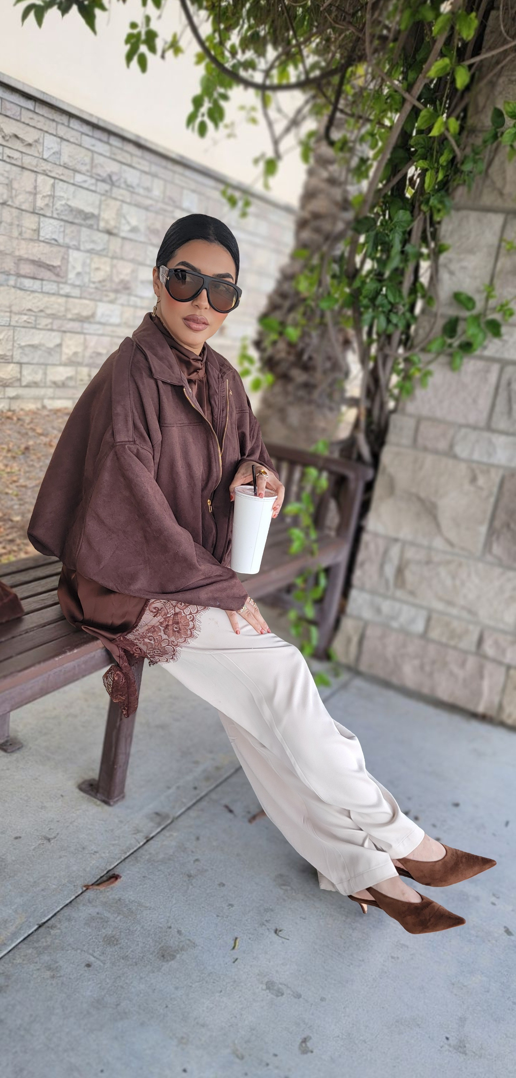 Enjoying a sunny day in this stylish outfit! Check out this suede shoulder bag, the trendy suede bomber jacket, the suede kitten heels, and retro aviator sunglasses. 🕶️ Perfect for work or a day out. 🤎🌿 ● Sizes/Tallas: Jacket: S/ChikoSatin lace top: S/Chiko👖: S/Chiko 👠: 7.5#liketkit #ltkoutfit

#LTKootd #LTKgrwm #LTKSaleAlert