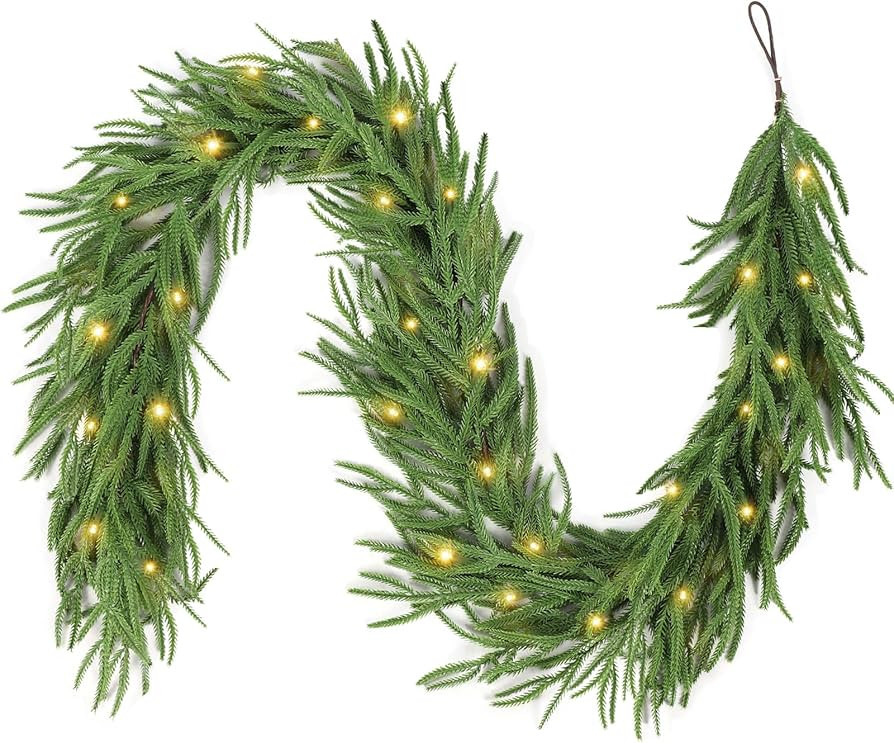 9FT Christmas Garland with LED String Lights, Norfolk Pine Garlands, Real Touch, Artificial Green... | Amazon (US)