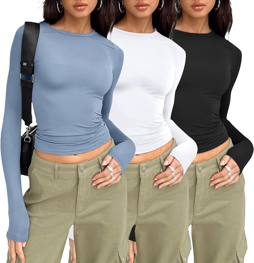 AUTOMET Womens 3 Pack Long Sleeve Shirts Basic Crop Tops Going Out Fall Fashion Underscrubs Layer... | Amazon (US)