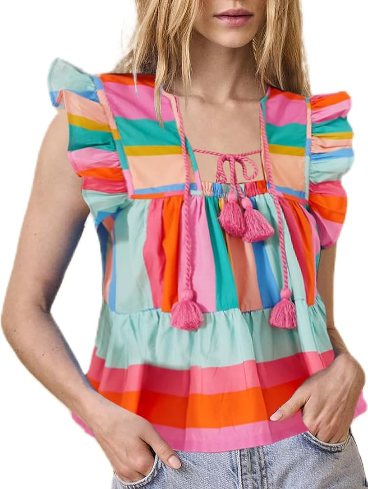 Women Boho Tie Front Peplum Top Floral Print Flowy Fringe Shirt Square Neck Ruffle Tank Top Going... | Amazon (US)