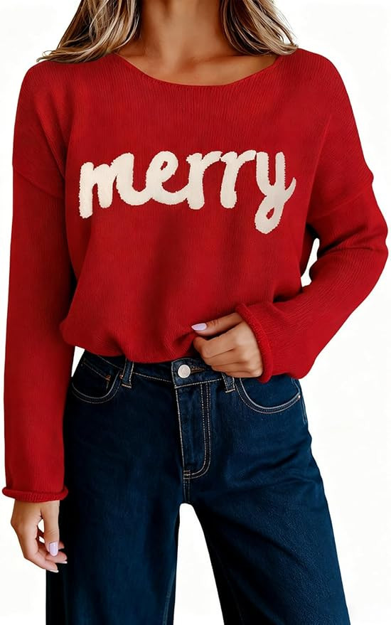 UNIQUEONE Christmas Sweaters for Women Merry Sweater - Xmas Knitted Pullover Funny Holiday Graphi... | Amazon (US)