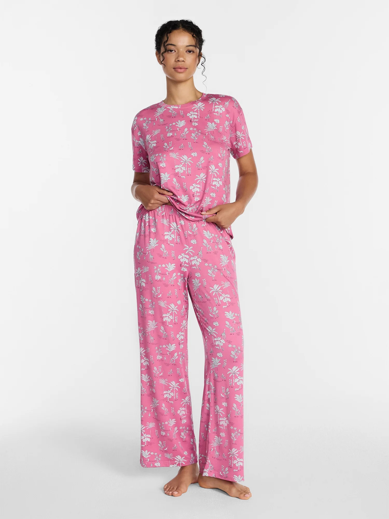 Joyspun Women's Dreamy Soft Collection Short Sleeve Sleep Top and Open Leg Pants Pajama Set, 2-Pi... | Walmart (US)