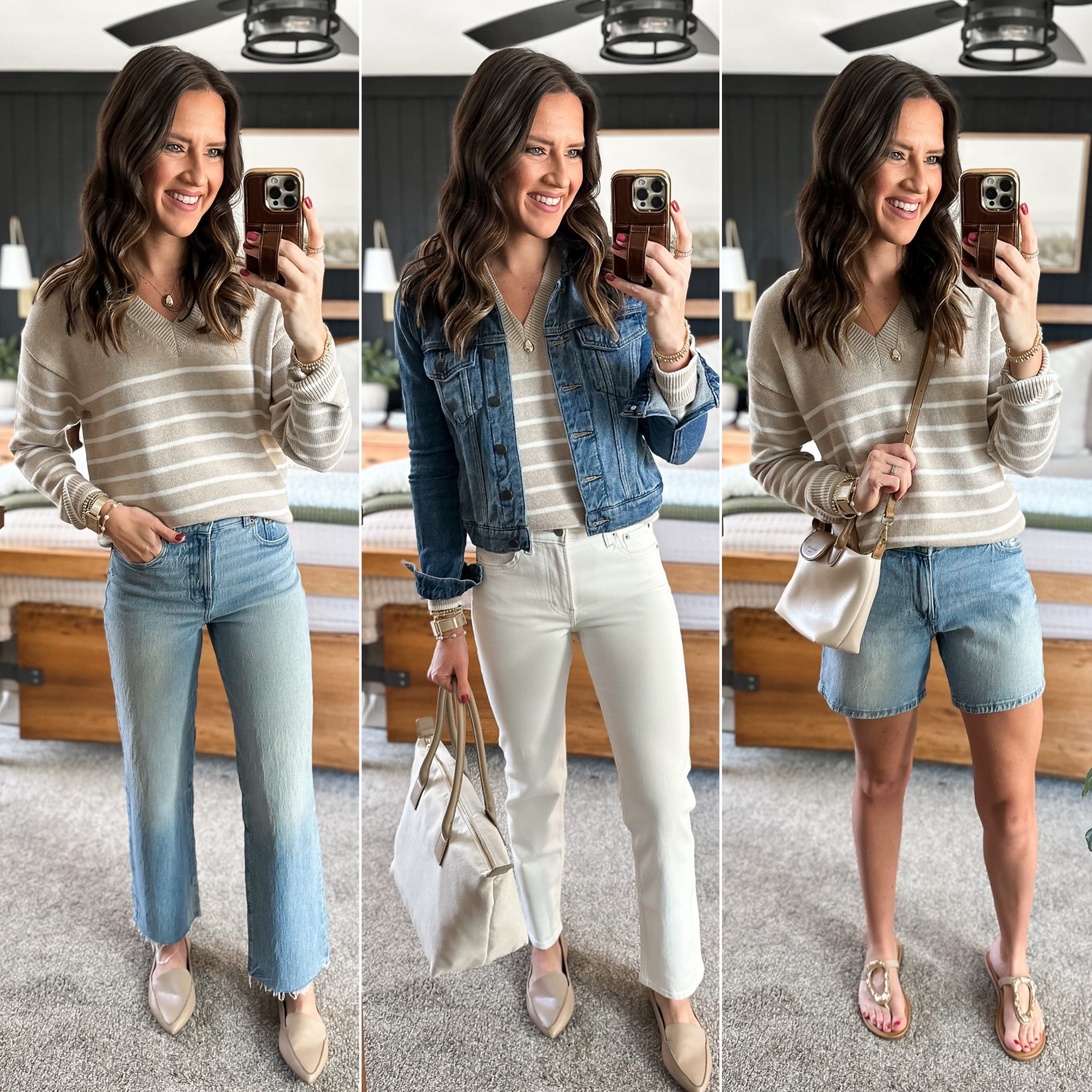 Spring Capsule Wardrobe - Tan & White Stripe Sweater 

Stripe sweater - medium 
Wide leg jeans - sized down to a 25 tall 
Ivory jeans - size 27 regular 
Linking similar denim jacket 
Denim shorts - size 4 


#LTKStyleTip #LTKFindsUnder50 #LTKFindsUnder100