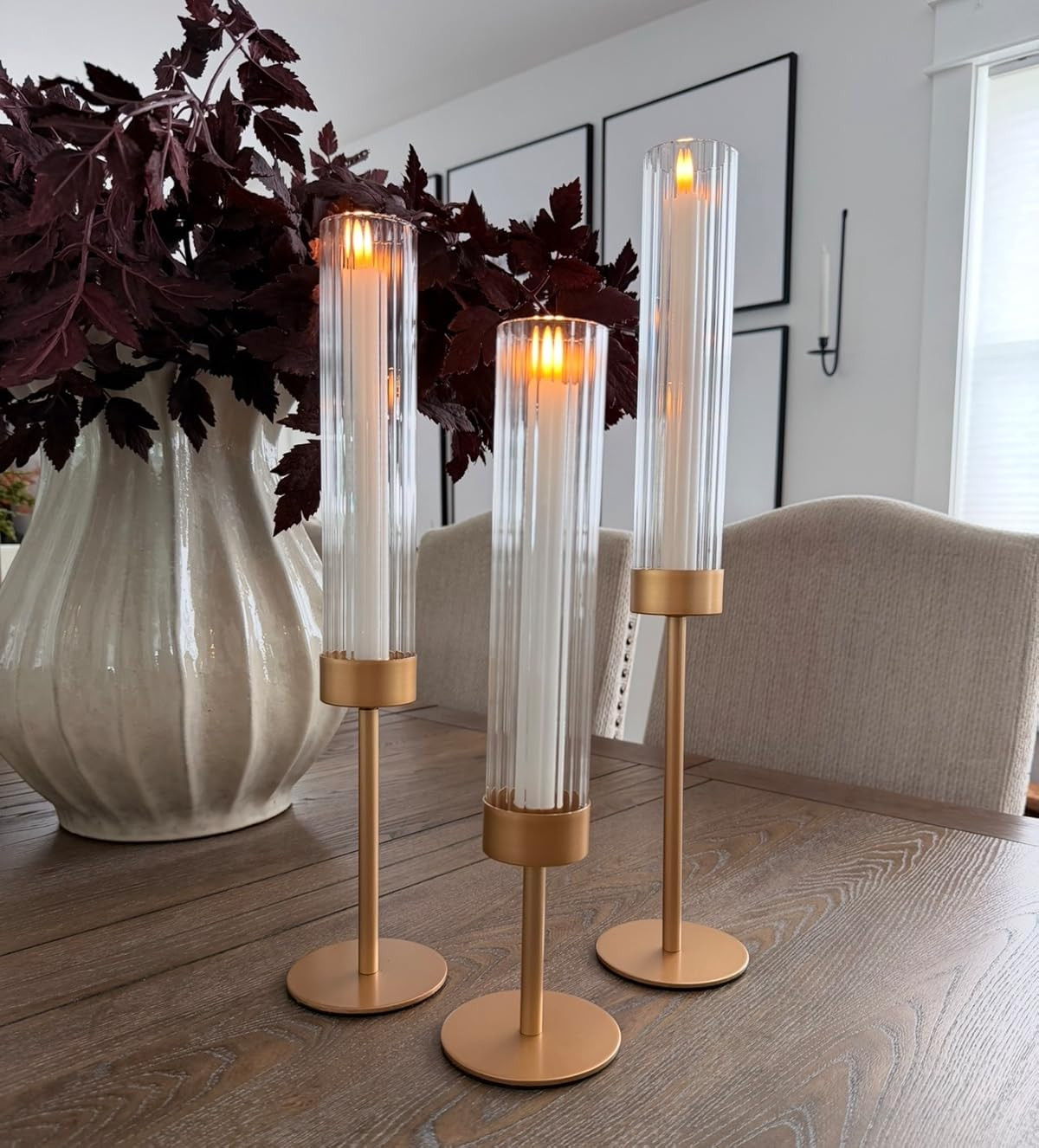 Fluted glass and gold candle holders. Elegant home decor. Gold candle holders. Hurricane candle holders. Perfect centerpieces. Candle holder decor. | Amazon (US)