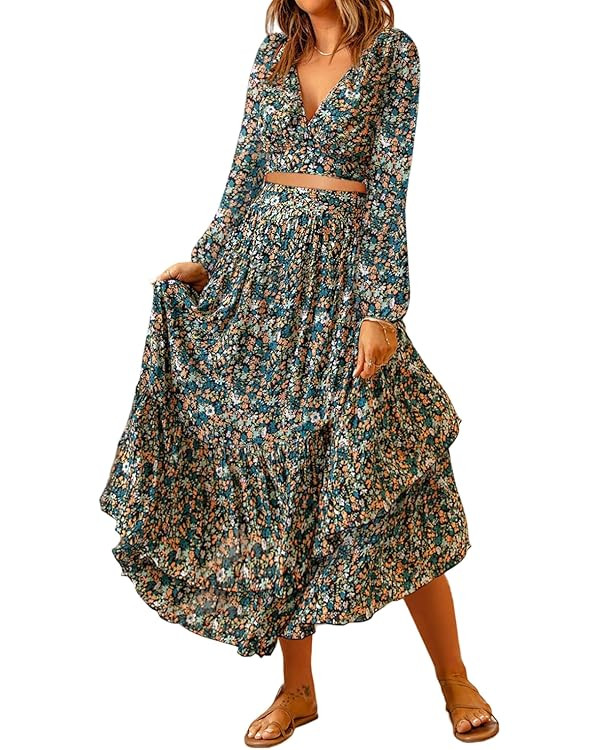 Dokotoo Women's Boho Dress Deep V Neck 2 Piece Outfits Long Puff Sleeve Skirt Sets Tie Waist Wrap... | Amazon (US)