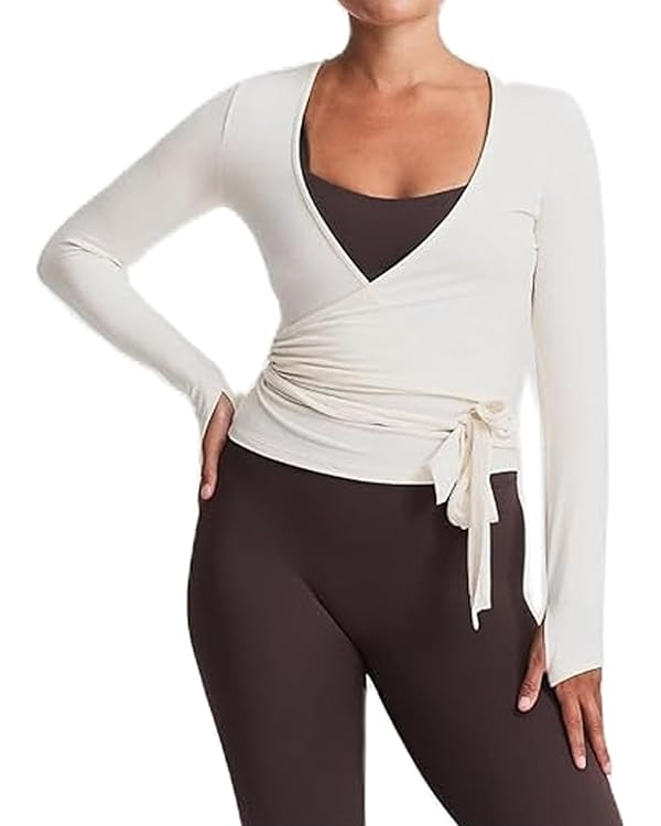 Y2k Ballet Pilates Wrap Top for Women Long Sleeve Deep V Neck Tie Front Workout Yoga T Shirt Blou... | Amazon (UK)