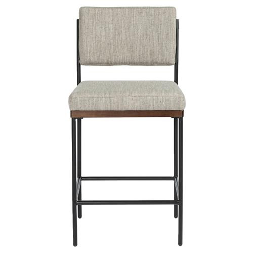 Ellie Industrial Loft Grey Upholstered Performance Black Iron Frame Counter Stool | Kathy Kuo Home