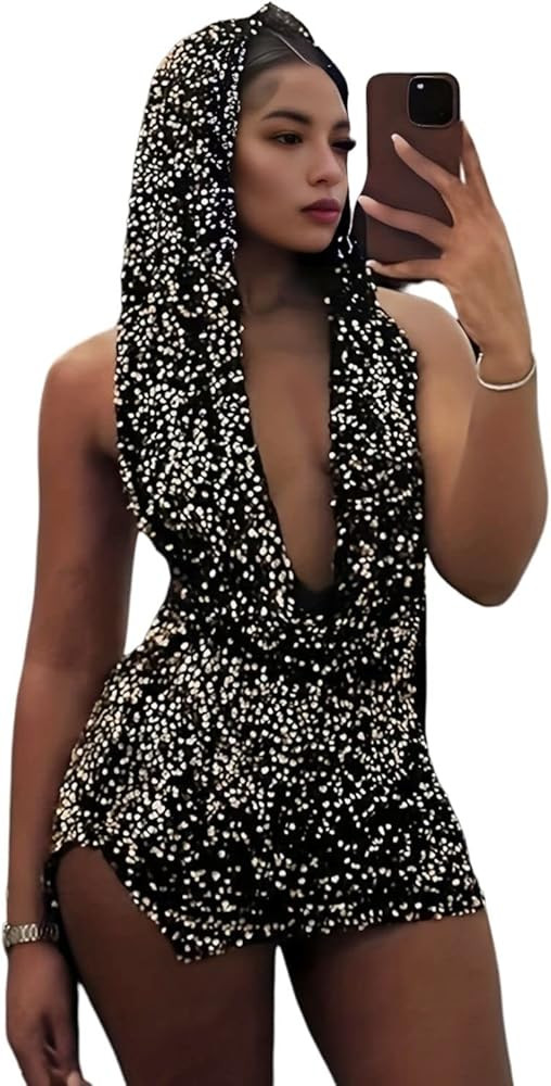 Novaorily Women Sexy V-Neck Bodycon Sequin Mini Dress Hooded Sparkly Dresses for Party Club Night | Amazon (US)