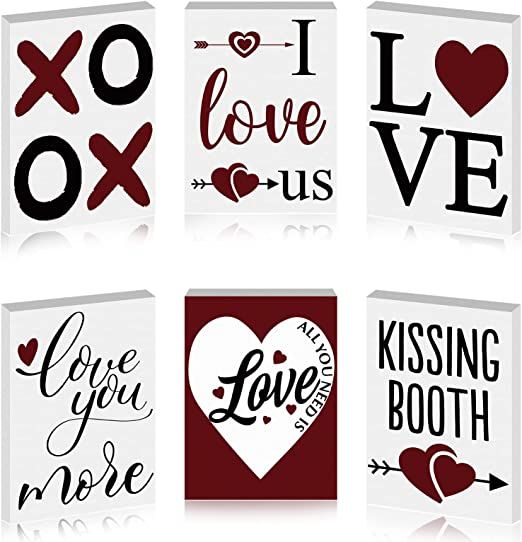 6 Pieces Valentine Mini Wood Signs with Sayings Wooden XOXO Sign Love Tabletop Sign Love You More... | Amazon (US)