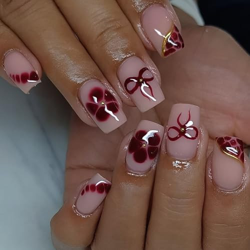 Red Flowers Press on Nails Red Bow Fake Nails Short Square False Nails with Gold Bead Design Glossy Glue on Nails Reusable Acrylic Nail Full Cover Nude Stick on Nails for Women Nail Decoration 24Pcs | Amazon (US)