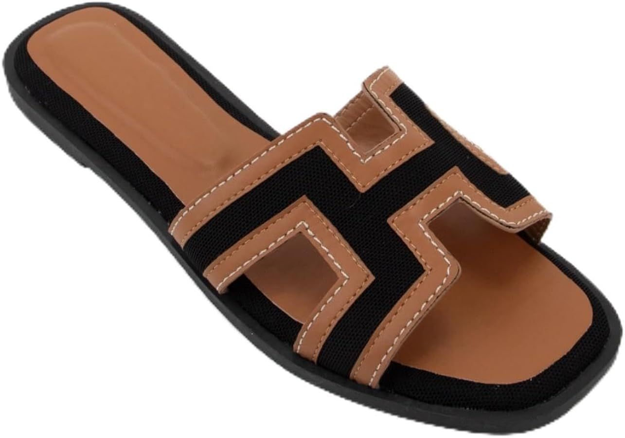 H Strap Flat Black Brown Sandals for Women - Designer Inspired Open Toe Summer | Amazon (US)