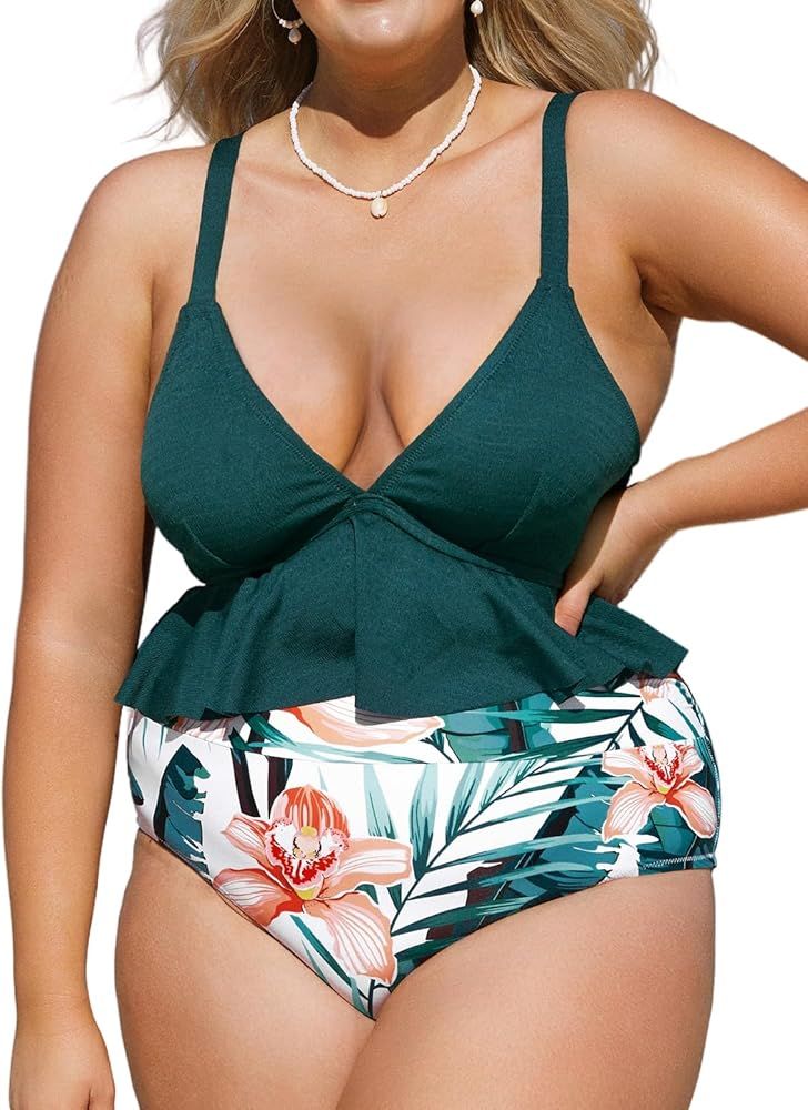 CUPSHE Women Swimsuit Plus Size Bikini Set Two Piece Bathing Suit V Neck High Waisted Flowy Ruffl... | Amazon (US)