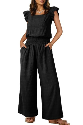 Dokotoo Womens Overalls Black Jumpsuits for Women Casual Loose Fit Solid Color Wide Leg One Piece Short Sleeve Jumpsuit Smocked Waisted Long Pant Rompers with Pockets Medium | Amazon (US)