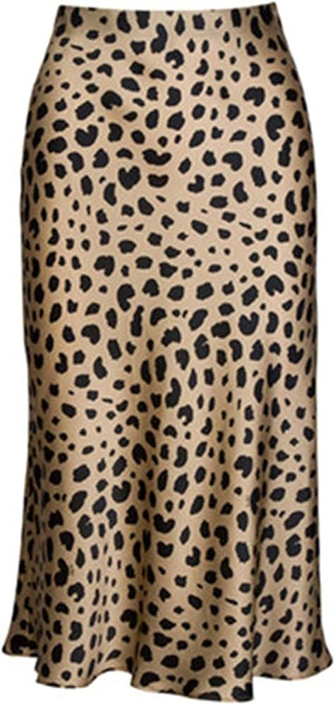 Womens Leopard Print Skirt Midi Long Length Silk Satin High Waist Elastic Skirts | Amazon (US)