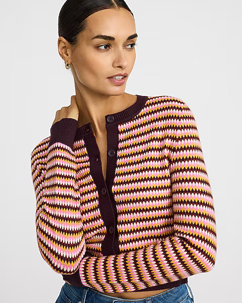 Airy Soft Multi Striped Crew Neck Cardigan | Express