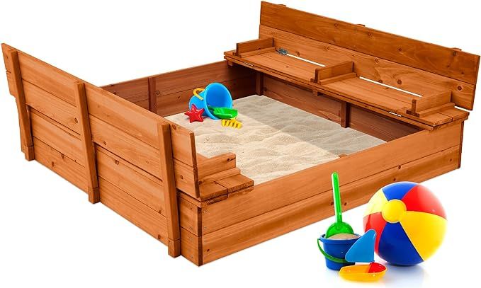 Best Choice Products Kids' Outdoor Wooden Sandbox Large, Cedar Wood with Foldable Bench Seats and... | Amazon (US)