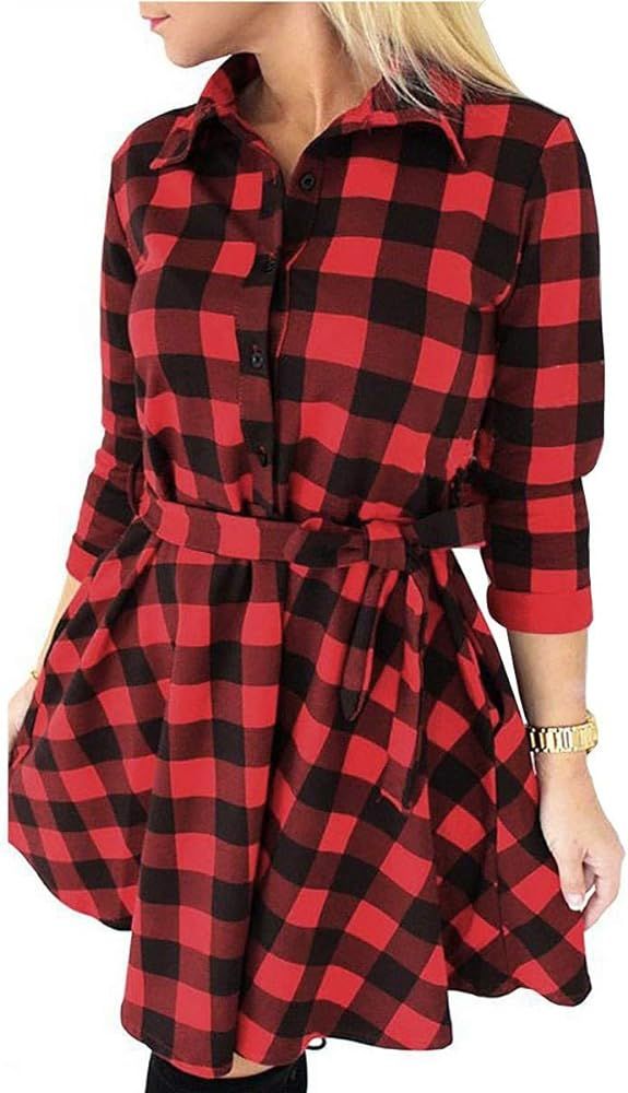 FANCYINN Women Long Sleeve Plaid Pattern Tunic Tops Shirt Casual Dress | Amazon (US)