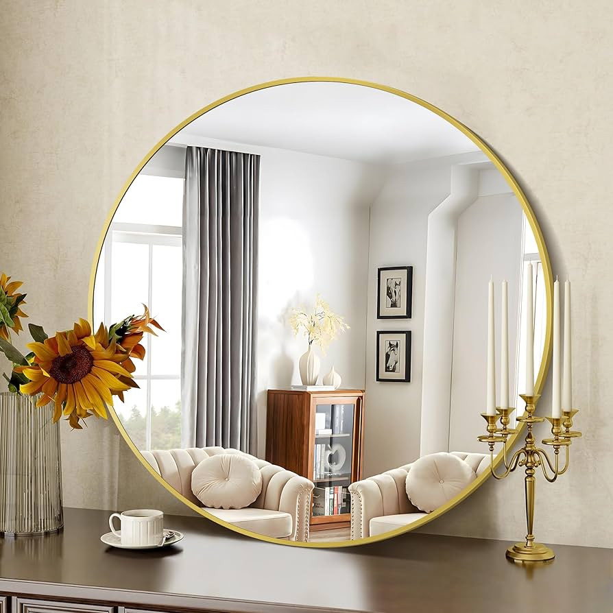 Gold Round Mirror, 39 Inch Wall Mounted Round Mirror, Aluminum Alloy Metal Frame Wall Mirror, Rou... | Amazon (US)