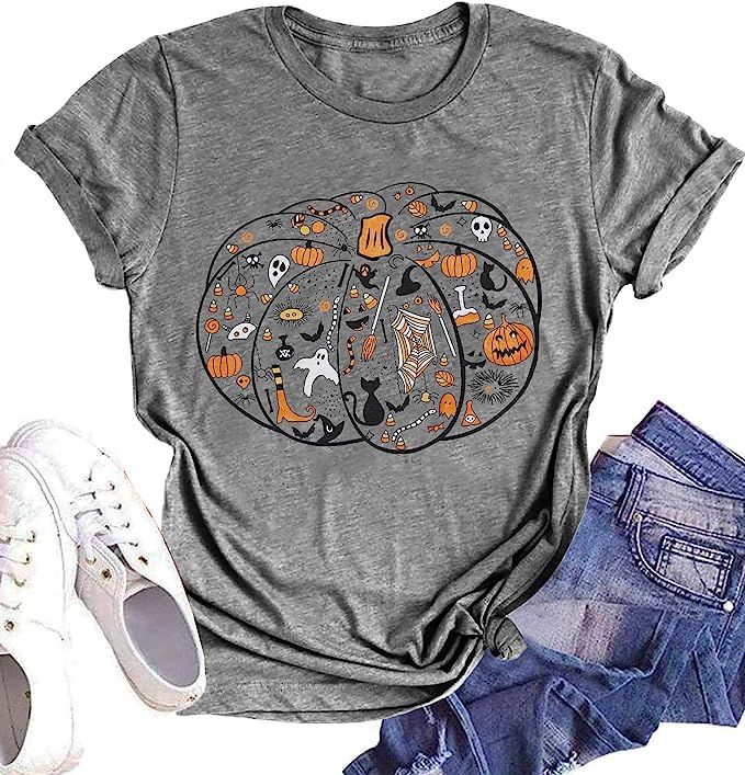 Halloween Pumpkin Graphic T-Shirt for Women Pumpkin Tee Tops Halloween Thanksgiving Gift Shirt To... | Amazon (US)