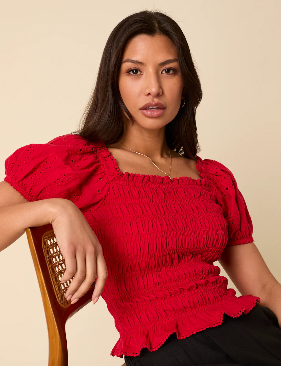 Red Puff Sleeve Ruched Top | Nobody's Child
