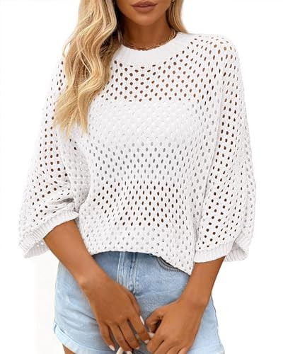 KIRUNDO Crochet Tops for Women Summer Batwing Sleeve Beach Sweater Lightweight Knit Cover Up Shir... | Amazon (US)