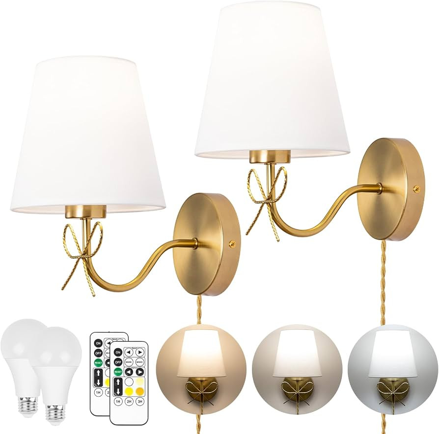 TREELAND Antique Brass Bow Wall Sconces with 110V Dimmable Remote Bulb, 3 Color Tempture, Timmer ... | Amazon (US)