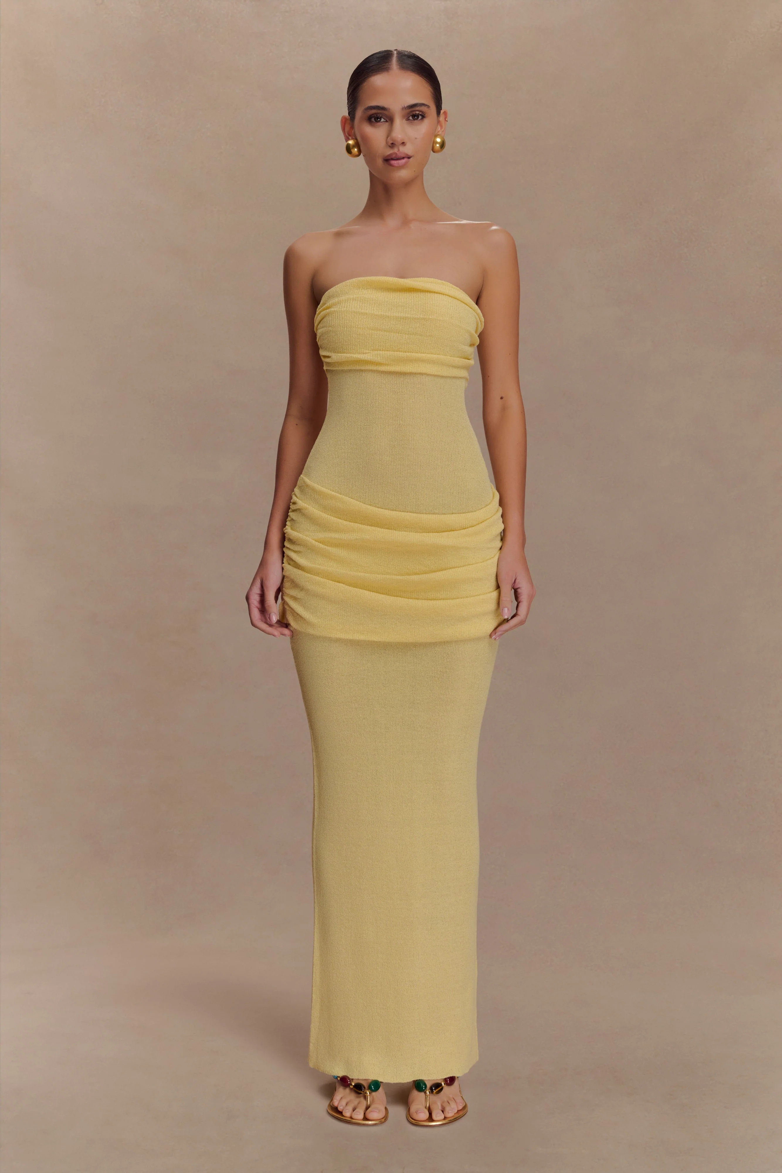 Elora Strapless Knit Maxi Dress - Lemon | MESHKI US