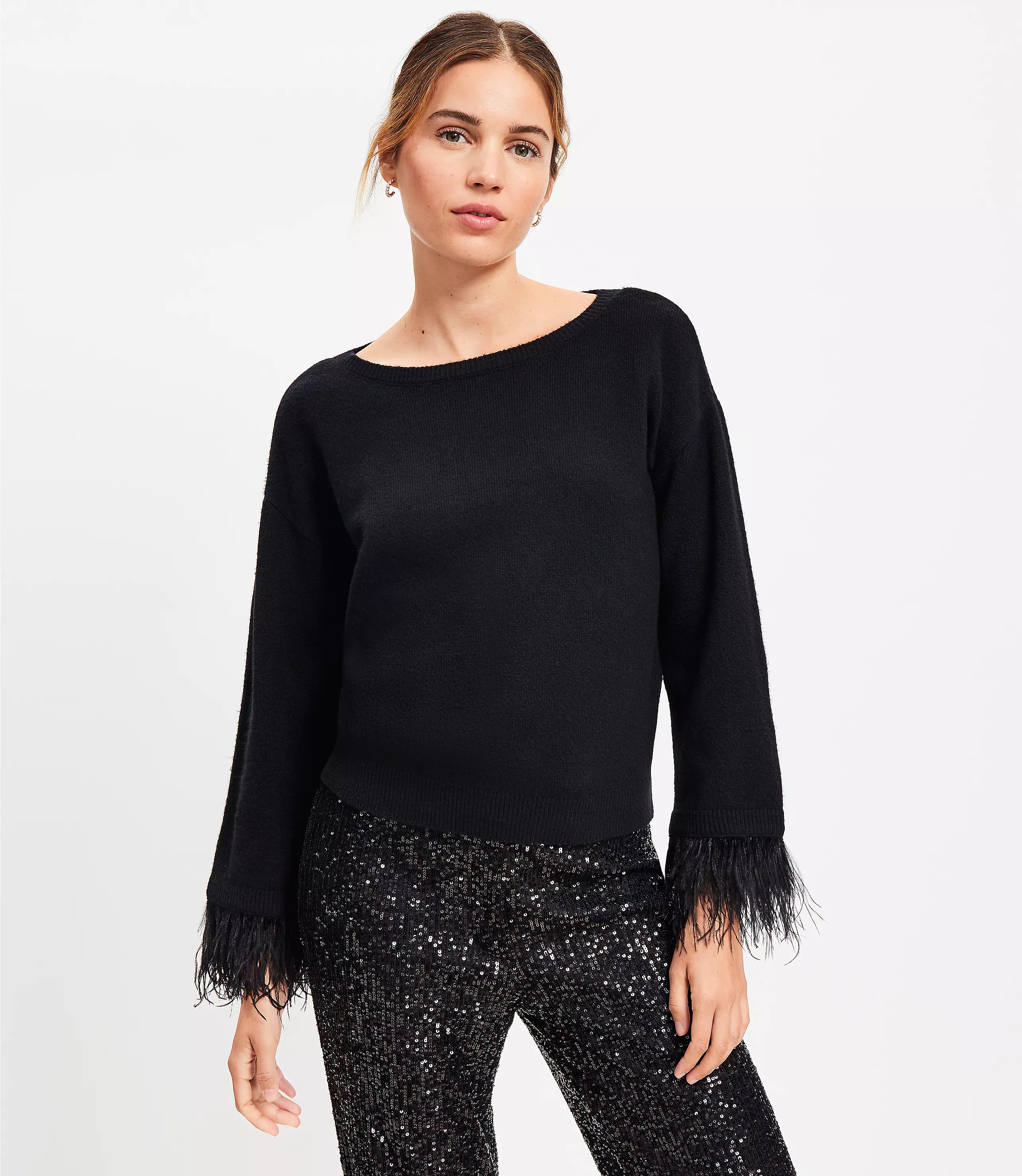 Petite Feathered Cuff Boatneck Sweater | LOFT