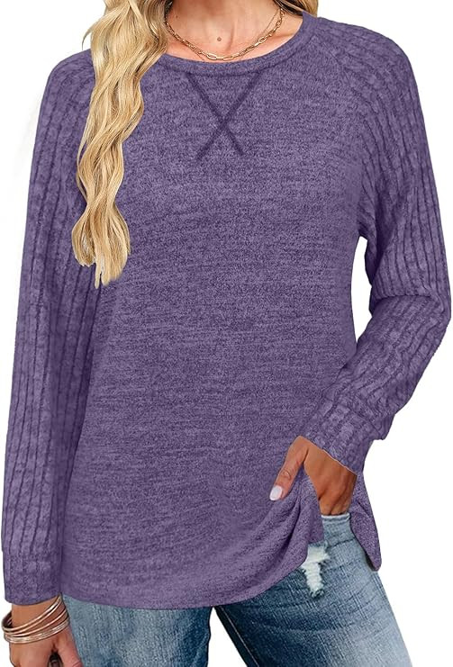 JomeDesign Long Sleeve Shirts for Women Crew Neck Sweatshirts Lightweight Sweaters Side Split Loo... | Amazon (US)