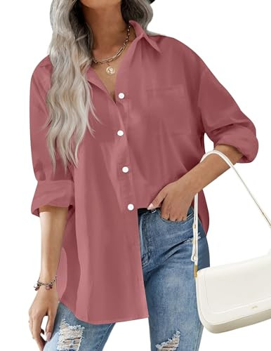 HOTOUCH Women Button Down Shirts Office Drop Shoulder Oversized Blouse Long Sleeve Boyfriend Dres... | Amazon (US)