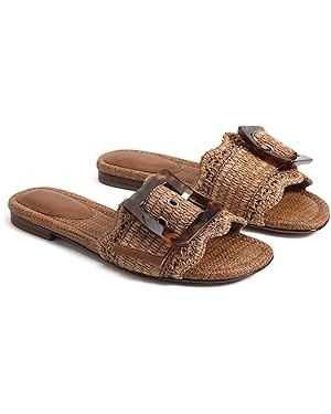 Raffia Sandals for Women Buckle Straw flats Woven Braided Rattan Slides Summer Beach Sandals Comf... | Amazon (US)