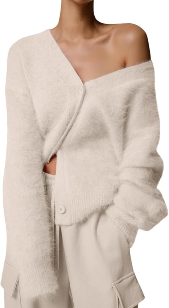 Arssm Womens Fuzzy Cardigan Sweater Long Sleeve Cardigans Button Down V Neck Fluffy Knit Top Fash... | Amazon (US)