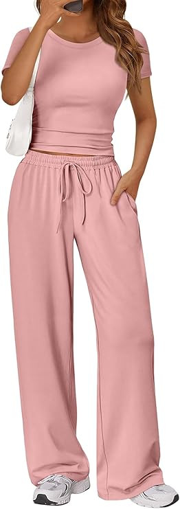 Trendy Queen 2 Piece Matching Summer Sweatsuit Lounge Set Womens Wide Leg Pants Side Ruching Crop... | Amazon (US)