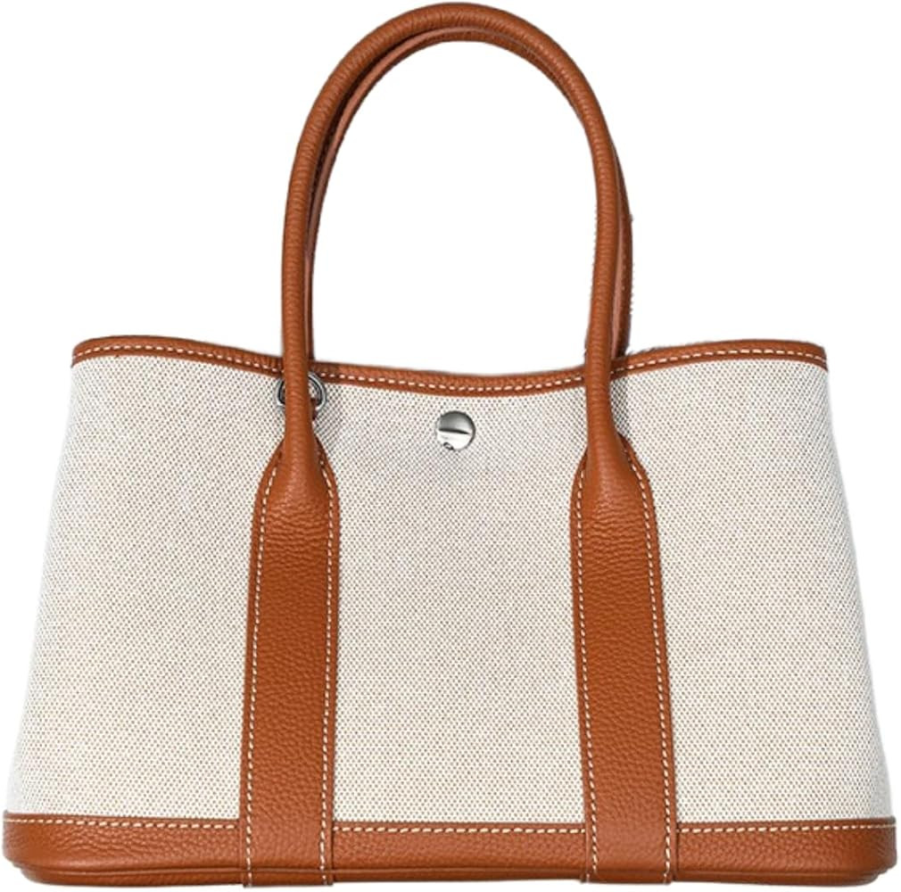 Canvas With Top Layer Cowhide Women's Bag Garden Handbag Large Capacity Leather Countercolor Shou... | Amazon (US)