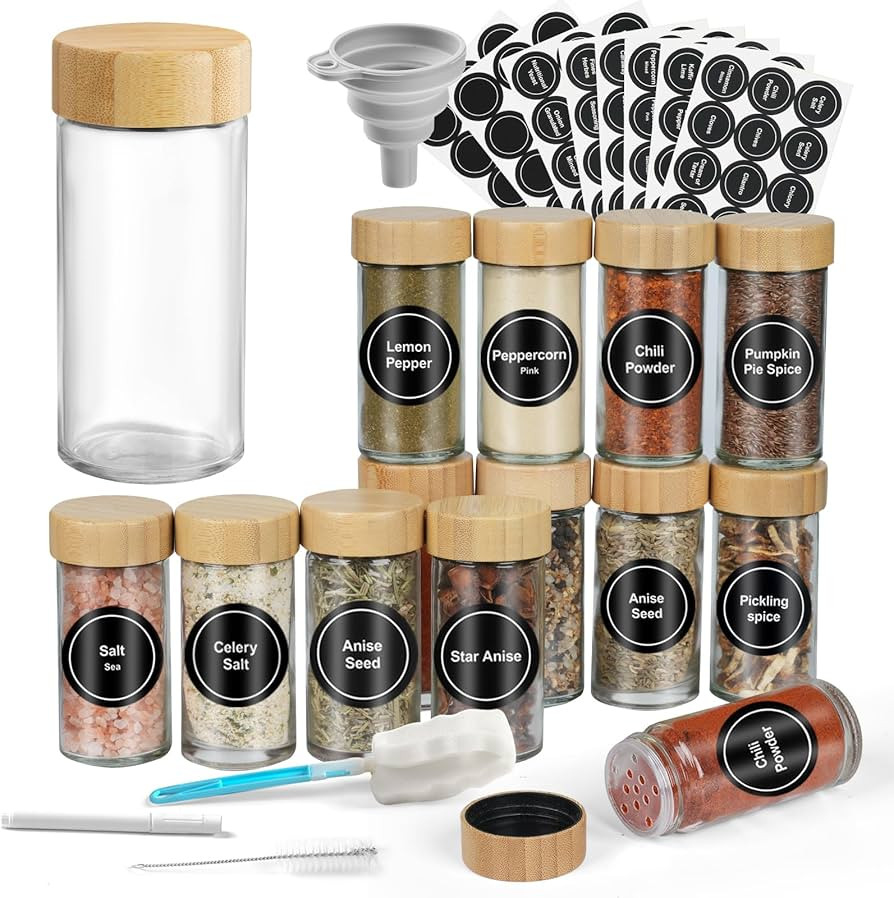 ZYMUZFI Spice Jars,Gewürzdosen Set,12 Gewürzgläser Rund Aus Glas Mit Bambusholzdeckeln, 100 Ml... | Amazon (DE)