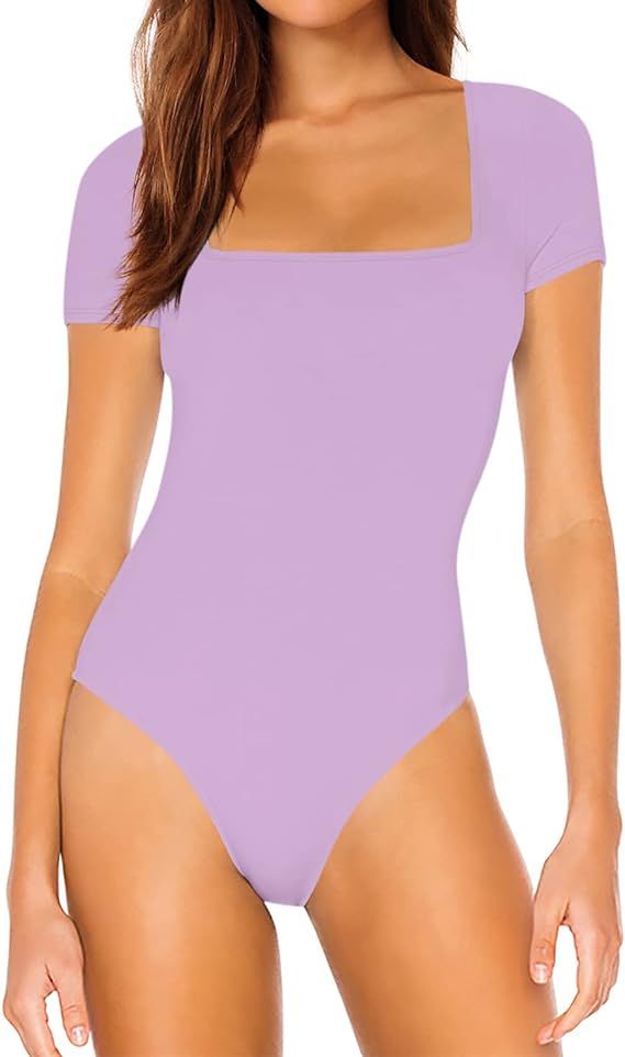 Saungkuai Women's Square Neck Notch V Neck Short Sleeve Thong Bodysuit Tops | Amazon (US)