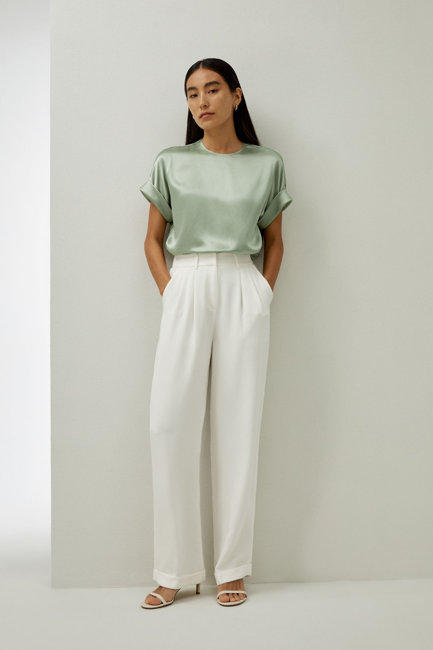 Obliuque Sleeves Round Neck Silk Tee | LilySilk