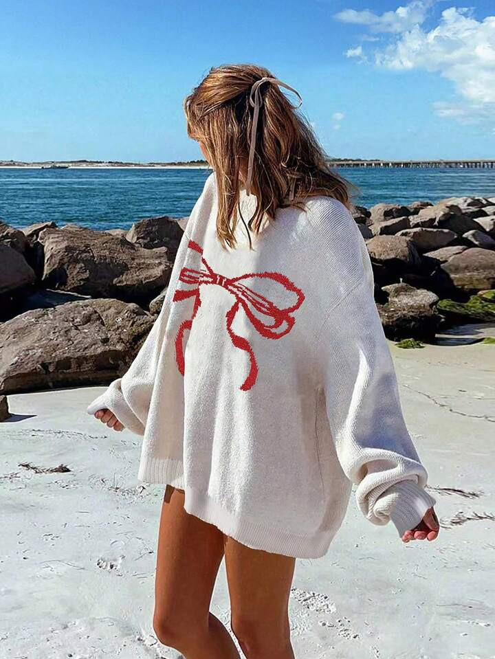 SHEIN ChicEase New Bow Decor Loose & Casual Knitted Sweater, Sweet Style For Women | SHEIN