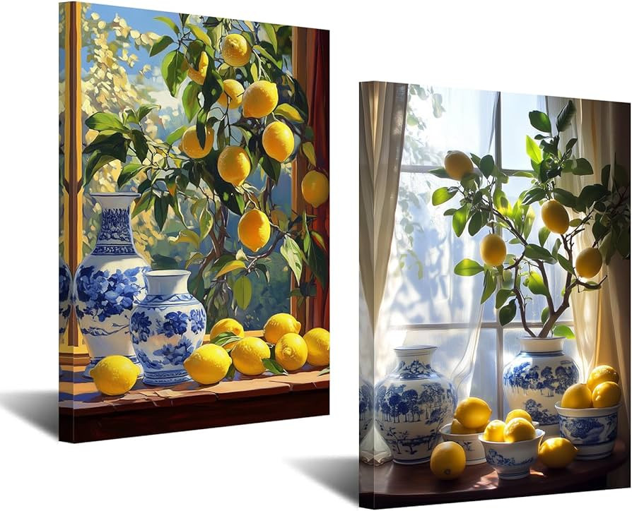CXHOSTENT Kitchen Lemon Wall Decor 2 Panel Lemon Tree Pictures Wall Art Yellow Citrus Fruit Print... | Amazon (UK)