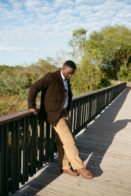 Holiday outfits for him! Brown pea coat, tan loose fit corduroy pants, white button up shirt, and brown boots  

#LTKHoliday #LTKHolidaySale #LTKmens