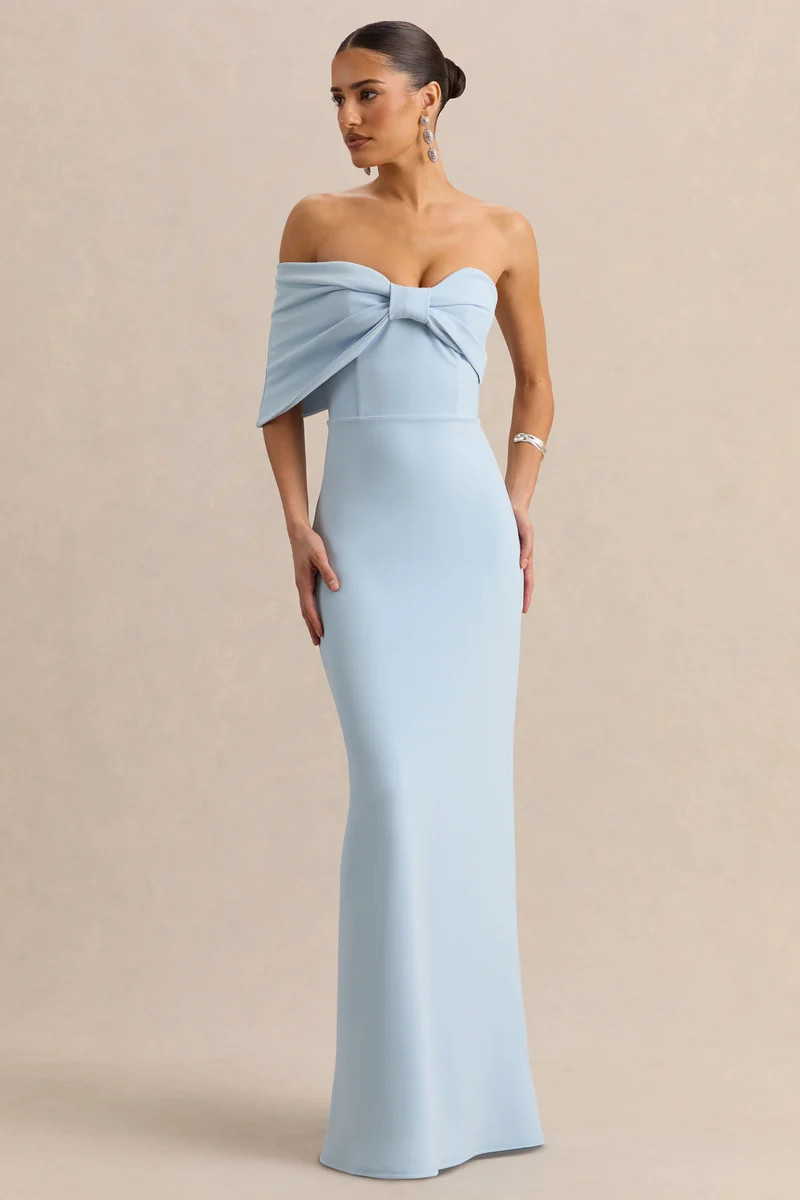 Agatha  Powder Blue Bow Bardot-Neck Maxi Dress | Club L London