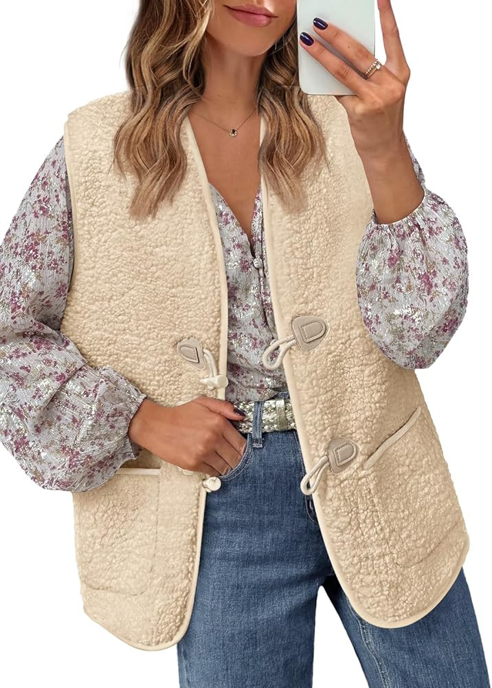 MEROKEETY Women's Fuzzy Fleece Vest Sherpa Jacket Sleeveless Button Fall Warm Outerwear with Pock... | Amazon (US)