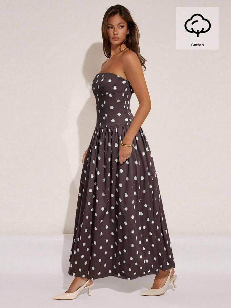 COSMINA Women's Elegant Polka Dot Print Strapless Dress, Summer | SHEIN