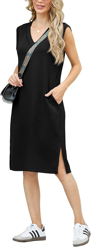GRECERELLE 2025 Women Summer V-Neck Casual Loose Split Wrinkle-Free Midi Dress with Pockets | Amazon (US)