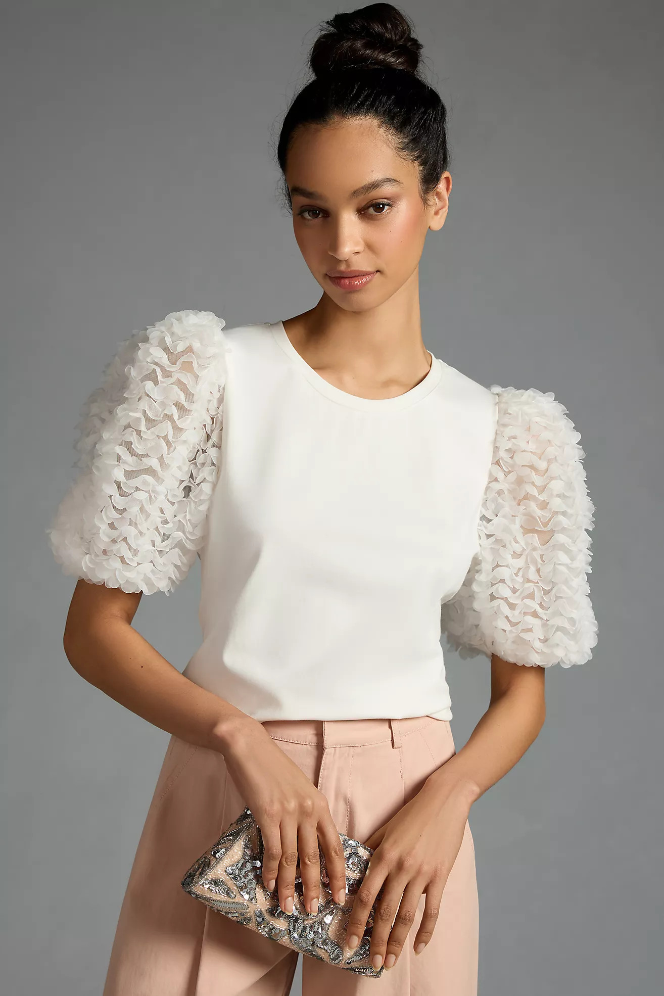 Flat White Ruffle-Sleeve Top | Anthropologie (US)