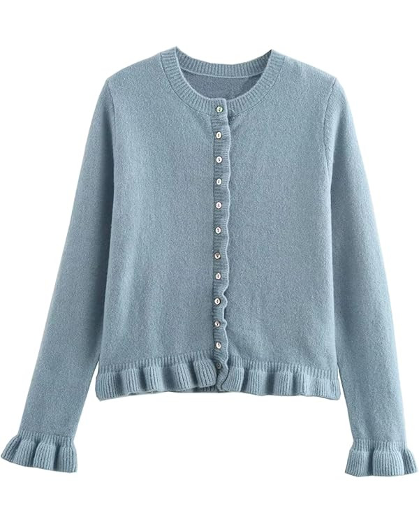 FindThy Women’s Cropped Cardigan Sweater Trendy Crewneck Ruffle Long Sleeve Button Down Knitwea... | Amazon (US)
