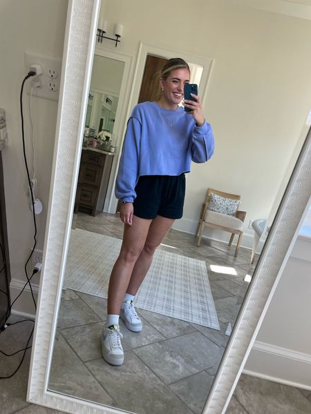 This periwinkle cropped pullover sweatshirt is adorable!!!! So soft and comfy. On sale $24 prime. TTS but I size up 2 to the XL for an oversized fit. 

Black lounge shorts look like Abercrombie only $12. Tts - M 

#LTKunder50 #LTKsalealert #LTKFind