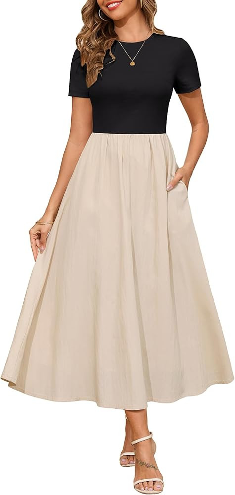 Annebouti Womens 2025 Summer Spring Maxi Dress Trendy Elegant Short Sleeve Cotton Top Casual Long... | Amazon (US)